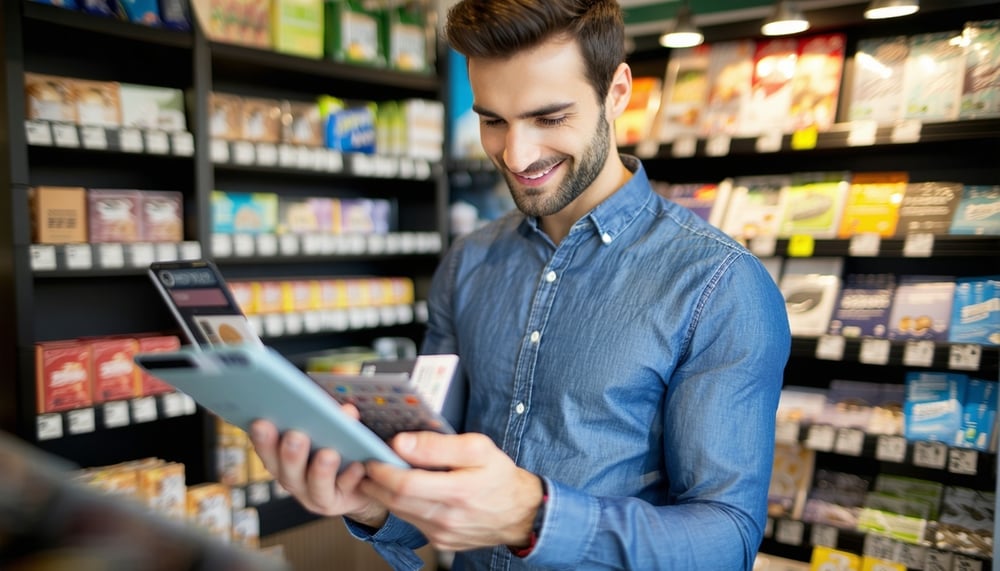 Retail shop owner reviewing payment processing savings